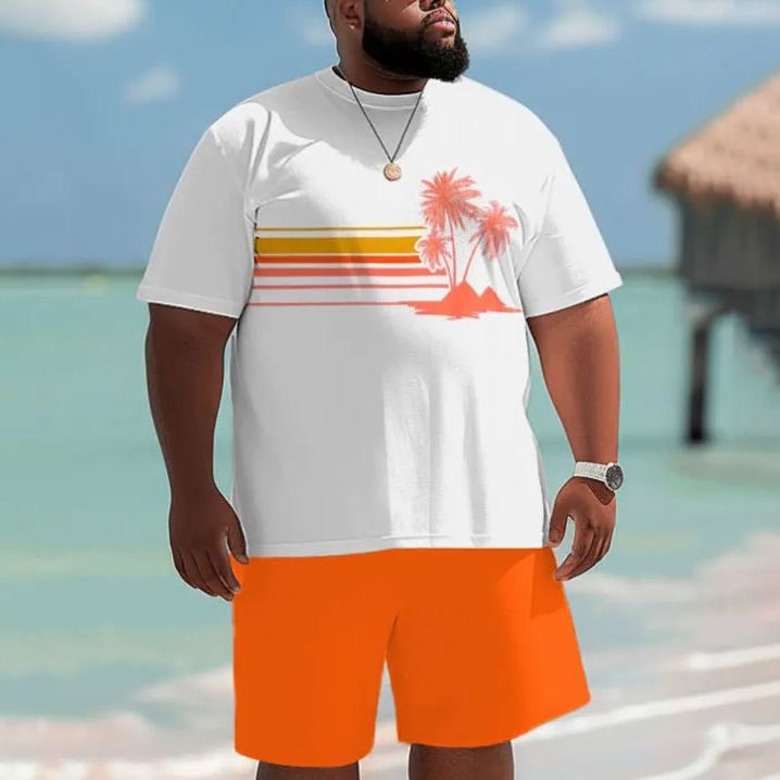 Hawaiian Stripe Coconut Tree Print Short Sleeve Men's Plus Size Set