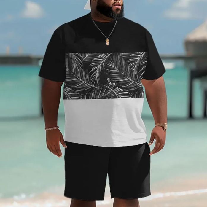 Hawaiian Simple Leaf Color Block Print Men's Plus Size Set