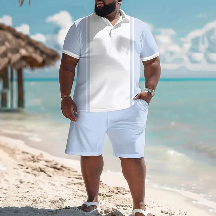 Vacation Simple Stripes Print Men's Plus Size Polo Shirt Set