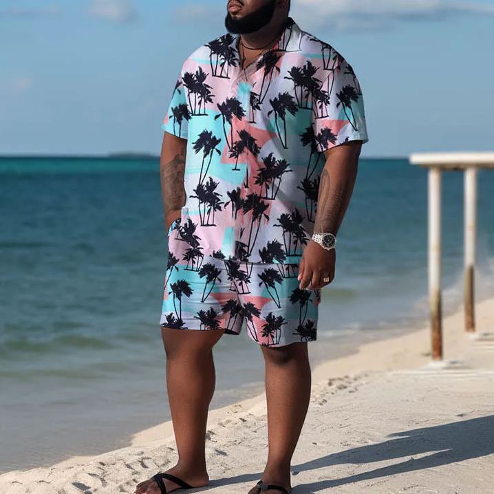 Vacation Color Block Coconut Tree Print Men's Plus Size Polo Shirt Set