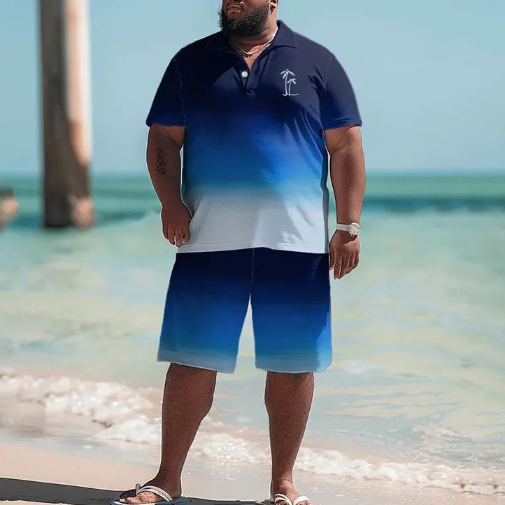 Vacation Blue Ombre Coconut Tree Print Men's Plus Size Polo Shirt Set