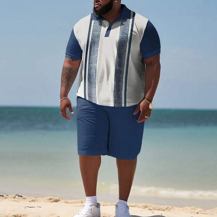 Hawaiian Color Block Print Men's Plus Size Polo Shirt Set
