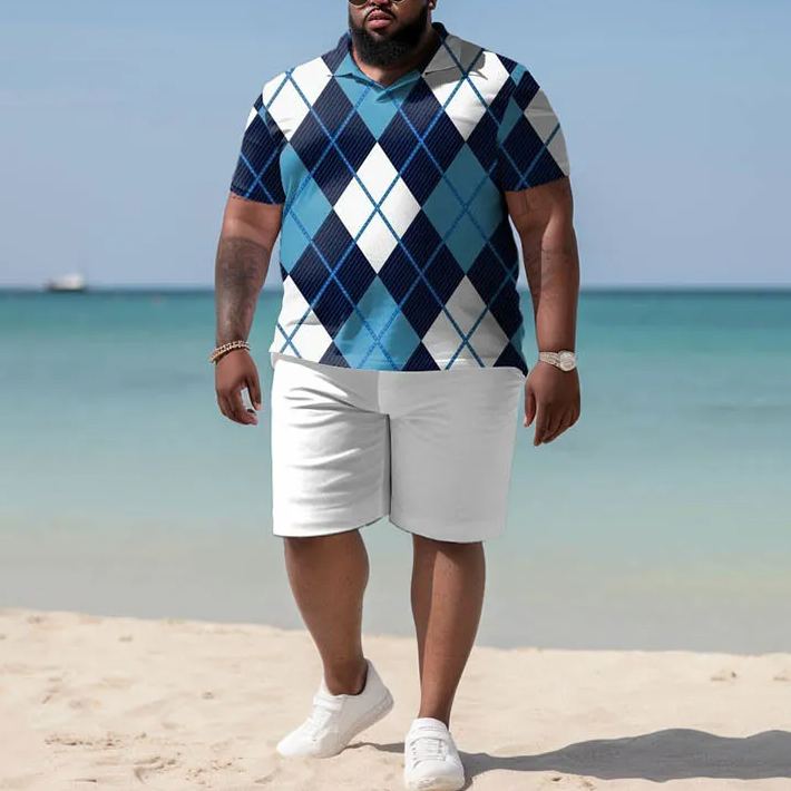 Hawaiian Color Block Geometry Print Men's Plus Size Polo Shirt Set