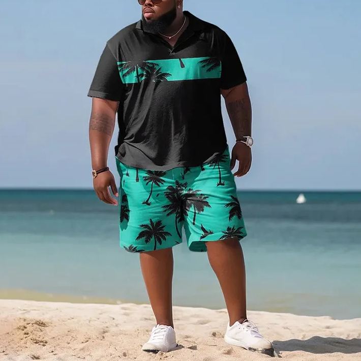 Hawaiian Coconut Tree Color Block Print Men's Plus Size Polo Shirt Set