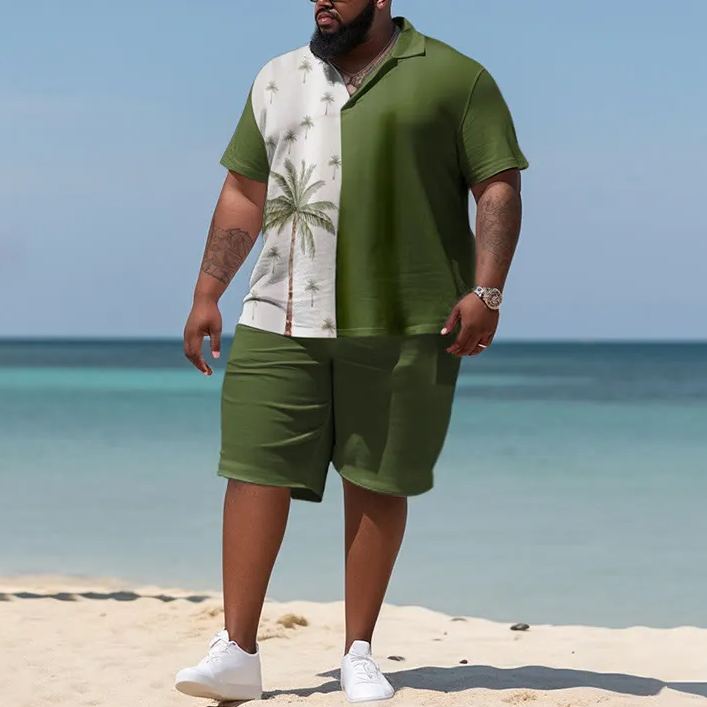 Hawaiian Asymmetry Coconut Tree Color Block Print Men's Plus Size Polo Shirt Set