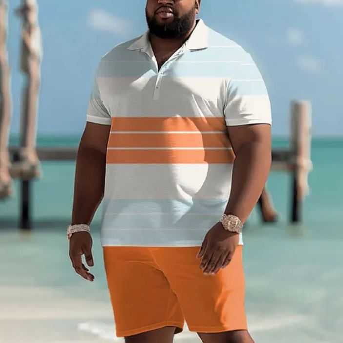 Hawaiian Stripe Print Men's Plus Size Polo Shirt Set