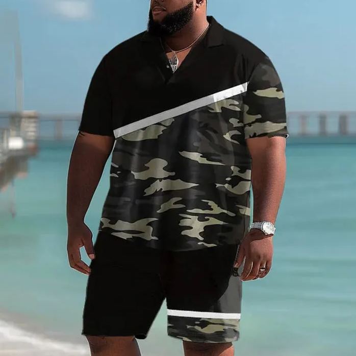 Hawaiian Camouflage Print Men's Plus Size Polo Shirt Set