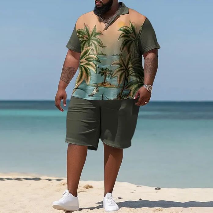 Hawaiian Coconut Tree Print Men's Plus Size Polo Shirt Set