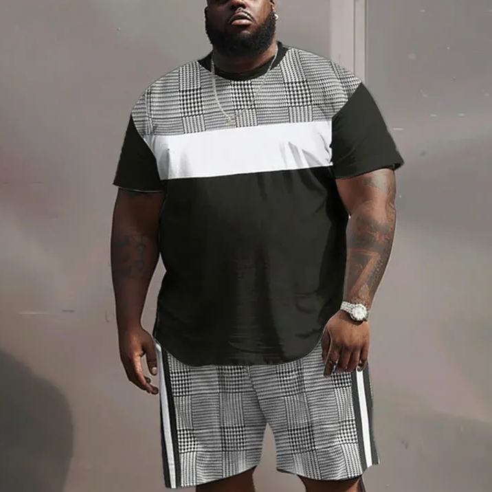 Casual Black And White Colorblock Plaid Printed Men's Plus Size T-shirt Set