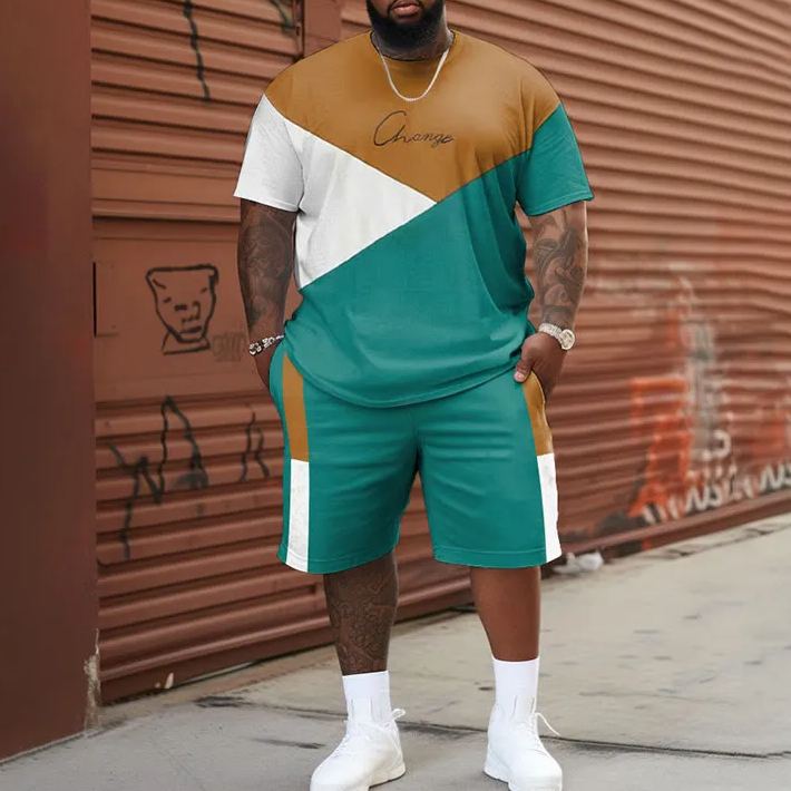 Street Color Block Patchwork Printed Men's Plus Size T-shirt Set