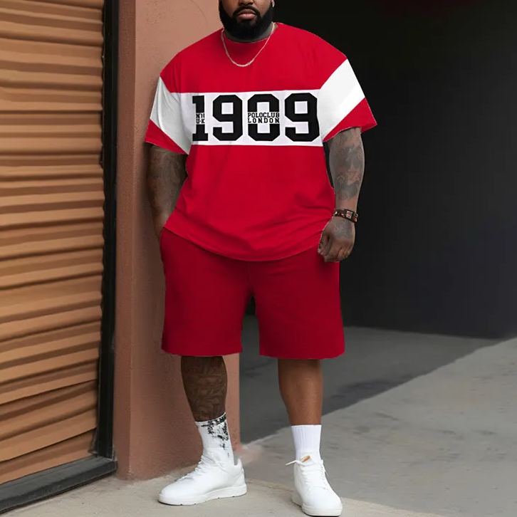 Street Color Block 1909 Graffiti Printed Men's Plus Size T-shirt Set