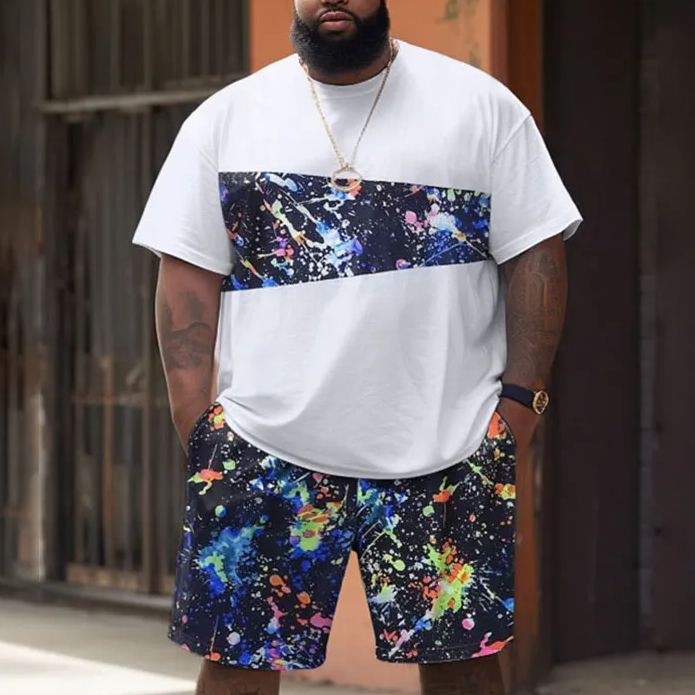 Street Cool Starry Sky Patchwork Printed Men's Plus Size T-shirt Set
