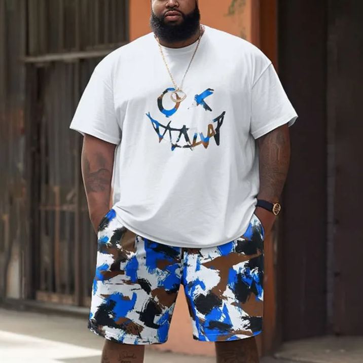 Street Funny Expressions Graffiti Printed Men's Plus Size T-shirt Set