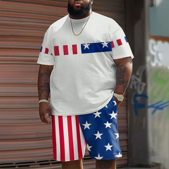 American flag Color-block Printed Men's Plus Size T-shirt Set
