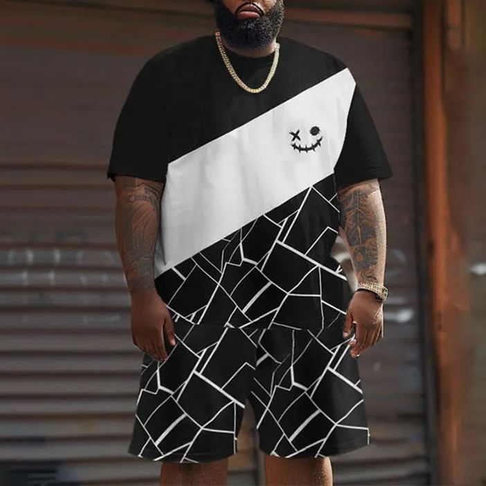 Geometry Color-block Printed Men's Plus Size T-shirt Set