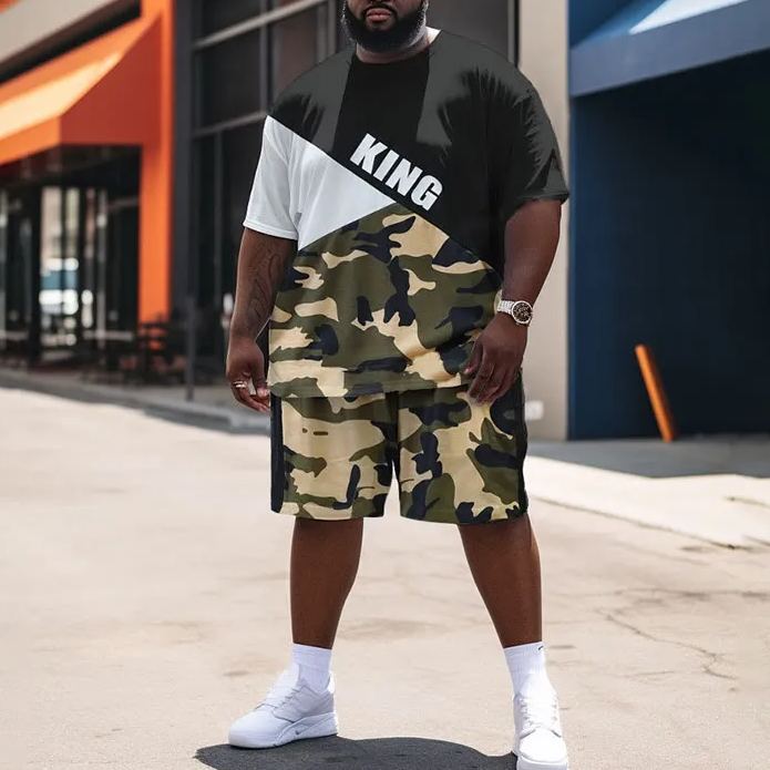 King Color-block Camouflage Printed Men's Plus Size T-shirt Set