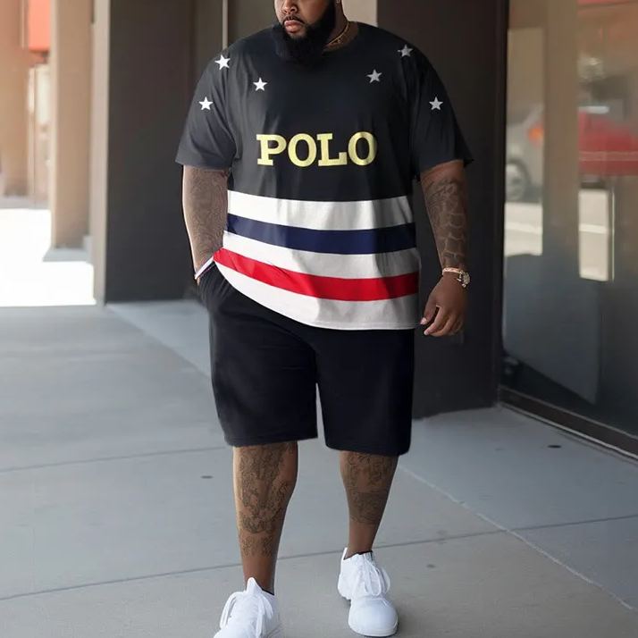 POLO Color-block Stars Printed Men's Plus Size T-shirt Set