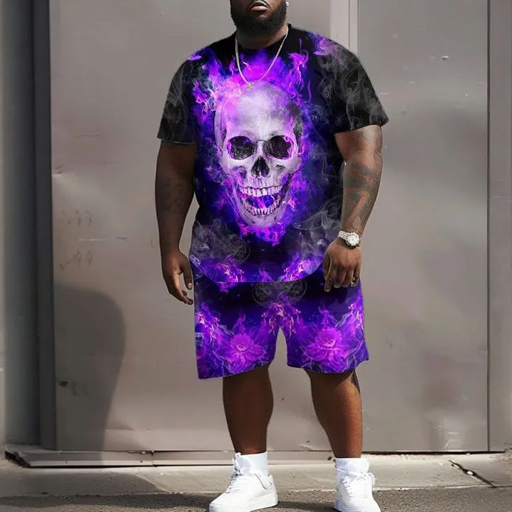 Contrast Flame Skull Print Men's Plus Size T-shirt Set