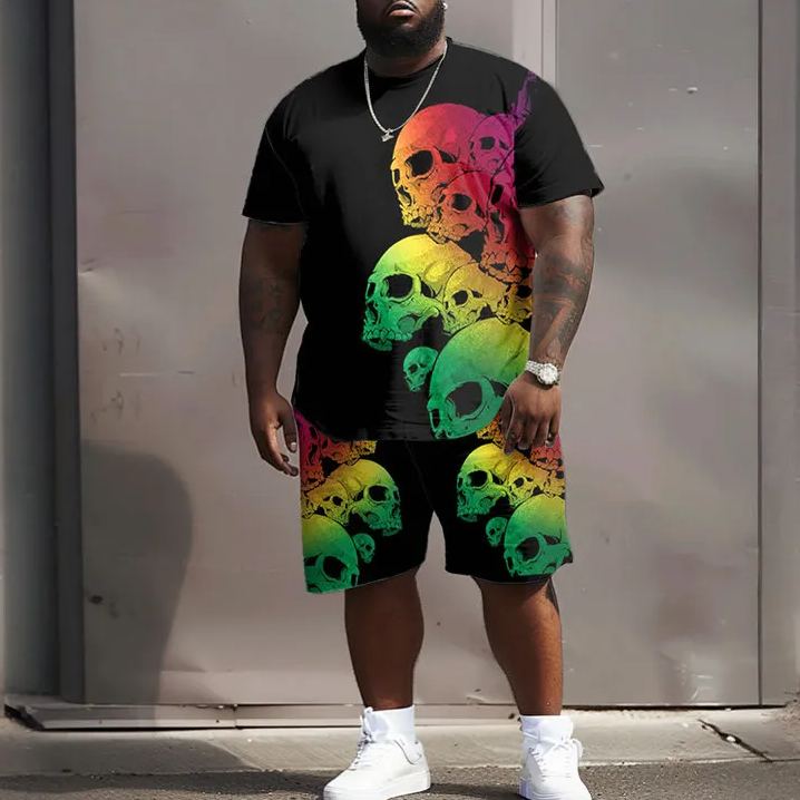 Asymmetric Rainbow Skull Print Men's Plus Size T-shirt Set