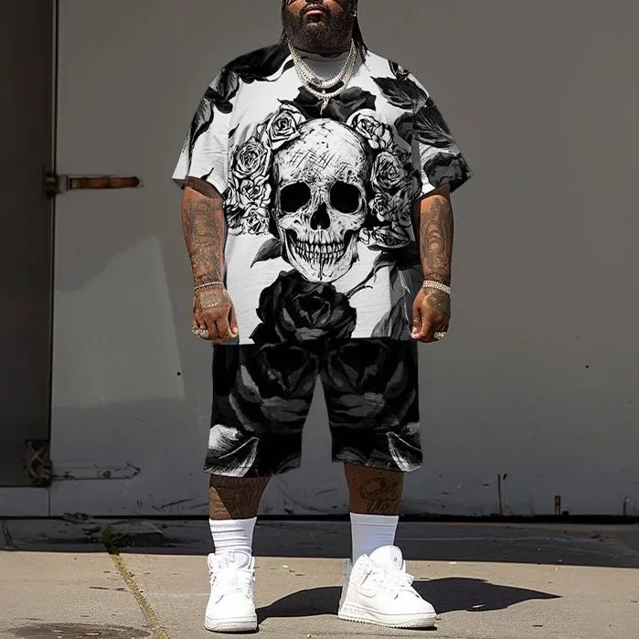 Rose And Skull Print Men's Plus Size T-shirt Set
