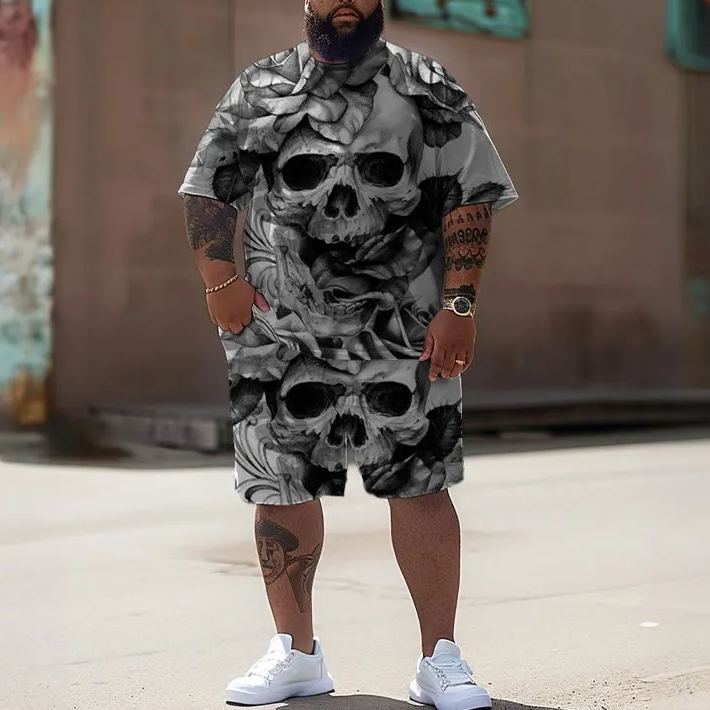 Floral Skull Print Men's Plus Size T-shirt Set