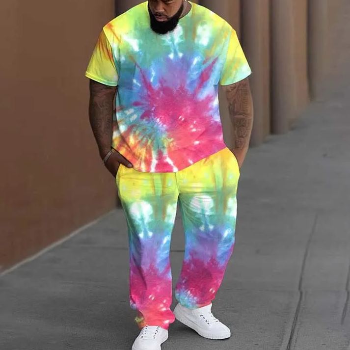  Men's Plus Size Street Style Color Tie-dye Printed T-shirt Pants Set