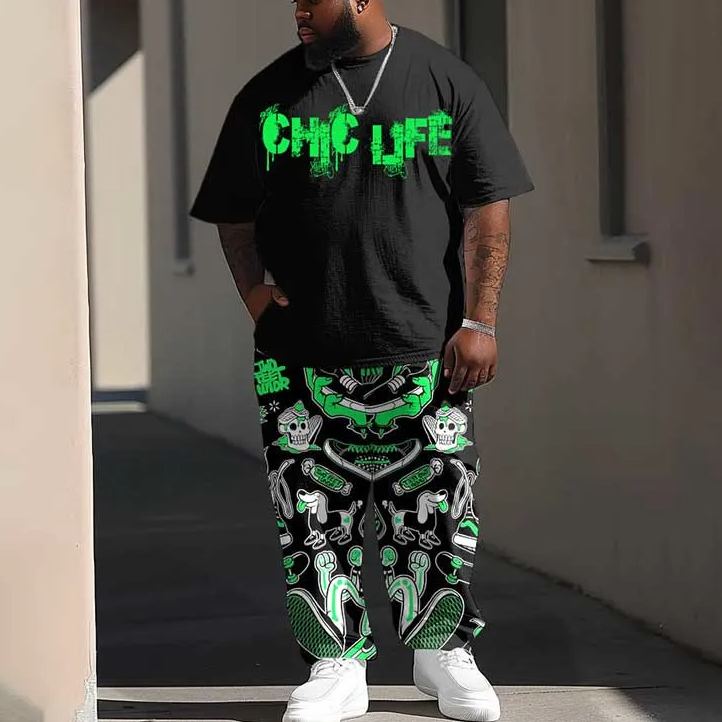  Men's Plus Size Hip-hop Skull Letter Printed T-shirt Pants Set
