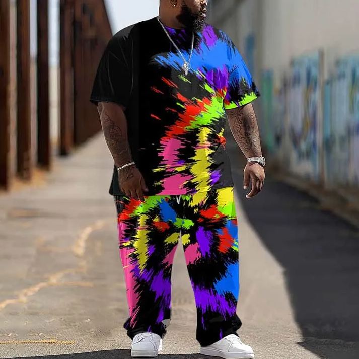  Men's Plus Size Abstract Colour Printed T-shirt Pants Set