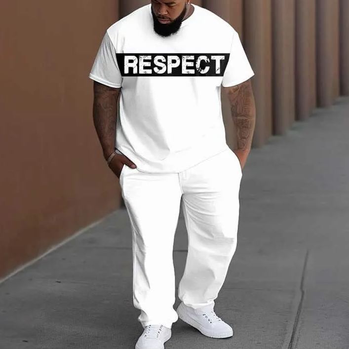 Men's Plus Size Simple Patchwork Letter Printed T-shirt Pants Set