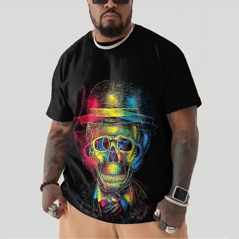 Colored Skull Pattern Printed Men's Plus Size Short Sleeve T-Shirt