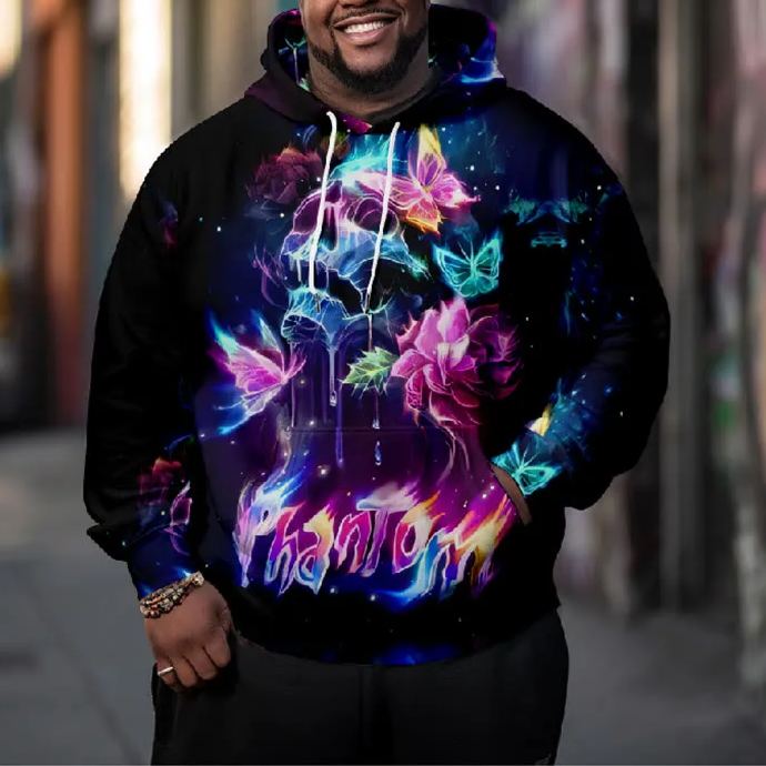 Men's Fantasy Colorful Abstract Skull Butterfly Art Print Plus Size Hoodie