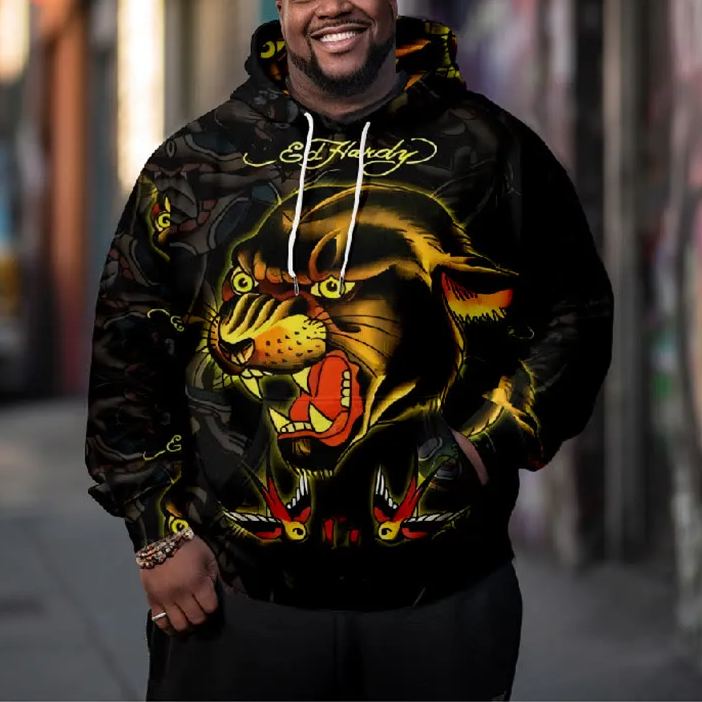 Men's Oil Painting Angry Cartoon Tiger Art Plus Size Hoodie