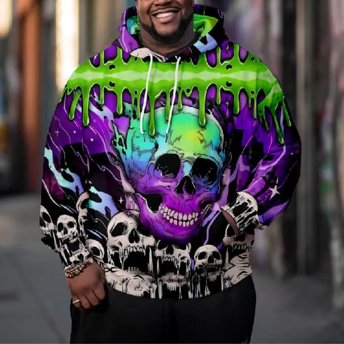 Men's Ombre Watercolor Horror Skull Art Plus Size Hoodie