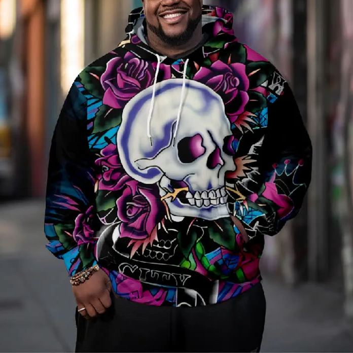 Men's Colorful Skull Mouth Holding Rose Floral Art Plus Size Hoodie