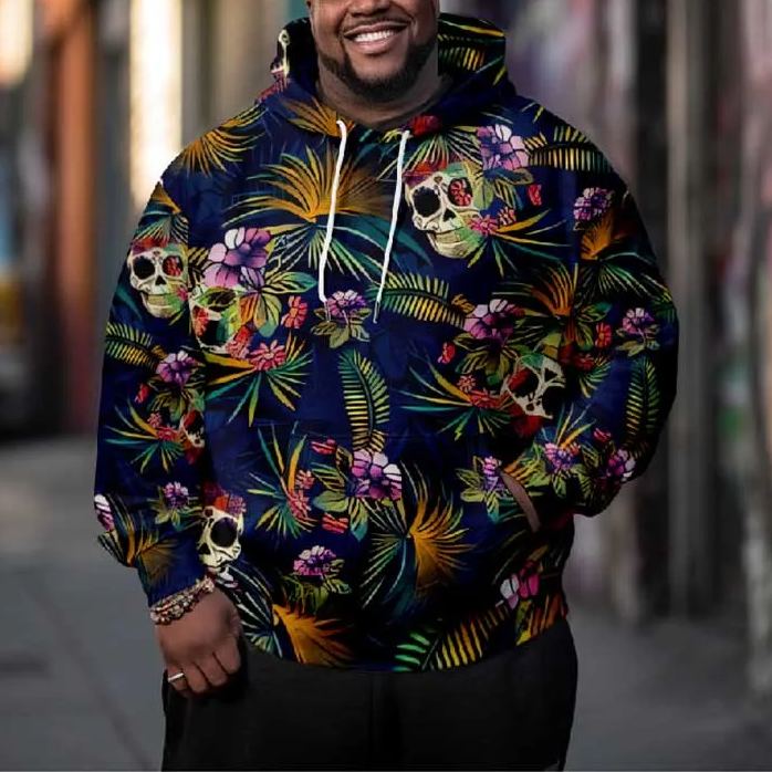 Men's Oil Painting Colorful Floral Skull Art Plus Size Hoodie