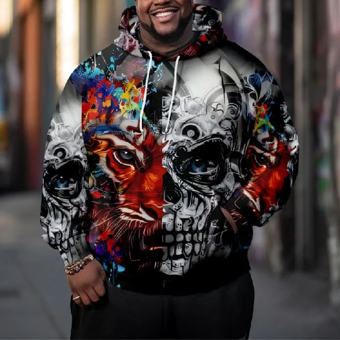 Men's Multicolor Splicing Dark Abstract Lion Art Print Plus Size Hoodie
