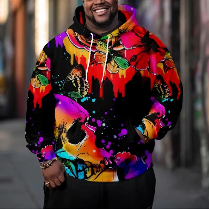 Men's Oil Painting Vivid Colorful Flower Abstract Skull Art Print Plus Size Hoodie