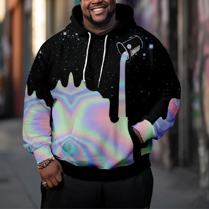 Men's Creative Pouring Rainbow Milk Art Print Plus Size Hoodie
