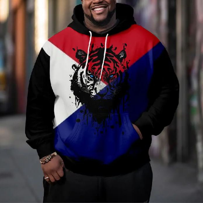 Men's Contrasting Solid Color Tiger Face Graffiti Art Print Plus Size Hoodie