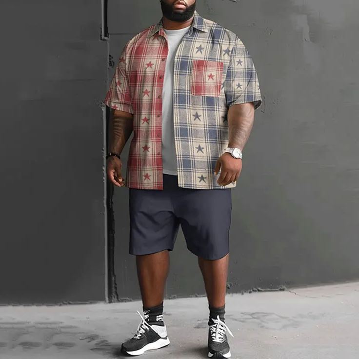 Star Plaid Old Style Bicolor Art Print Men's Plus Size Shirt Set