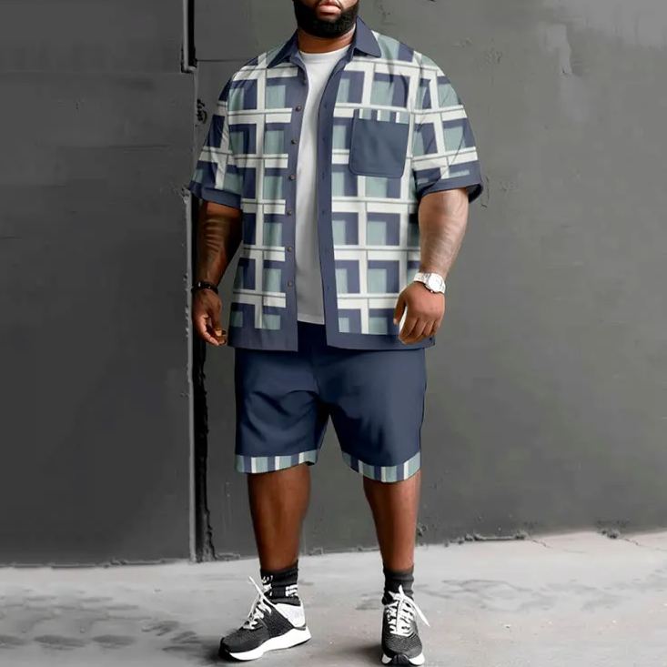 Summer Fashion Big Grid Casual Print Men's Plus Size Shirt Set