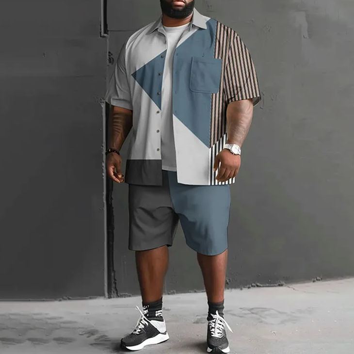 Triangle Stitching Stripes Contrast Color Art Print Men's Plus Size Shirt Set