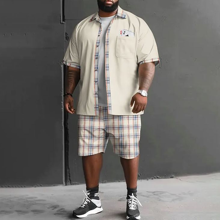 Summer Simple Solid Color Splicing Grid Poker Ace Print Men's Plus Size Shirt Set