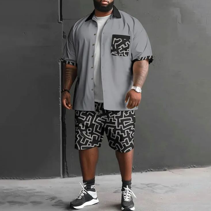 Summer Simple Solid Color Splicing Irregular Pattern Print Men's Plus Size Shirt Set