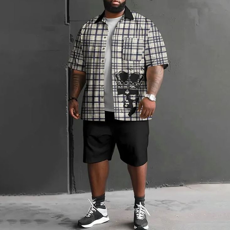 Summer Fashion Gray Blue Grid Crown K Of Spades Art Print Men's Plus Size Shirt Set