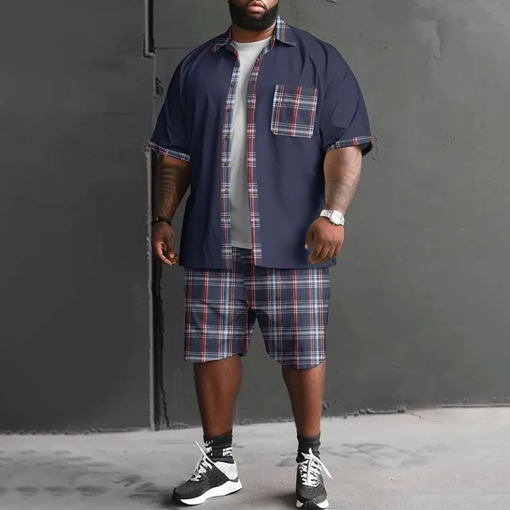 Summer Fashion Solid Color Splicing Red And Blue Grid Casual Print Men's Plus Size Shirt Set