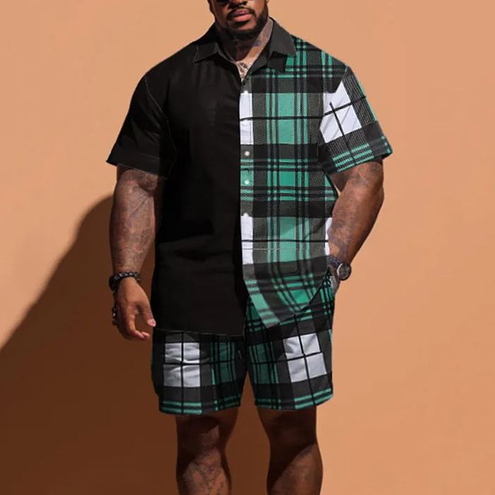 Summer Colorful Grid Casual Art Print Men's Plus Size Shirt Set