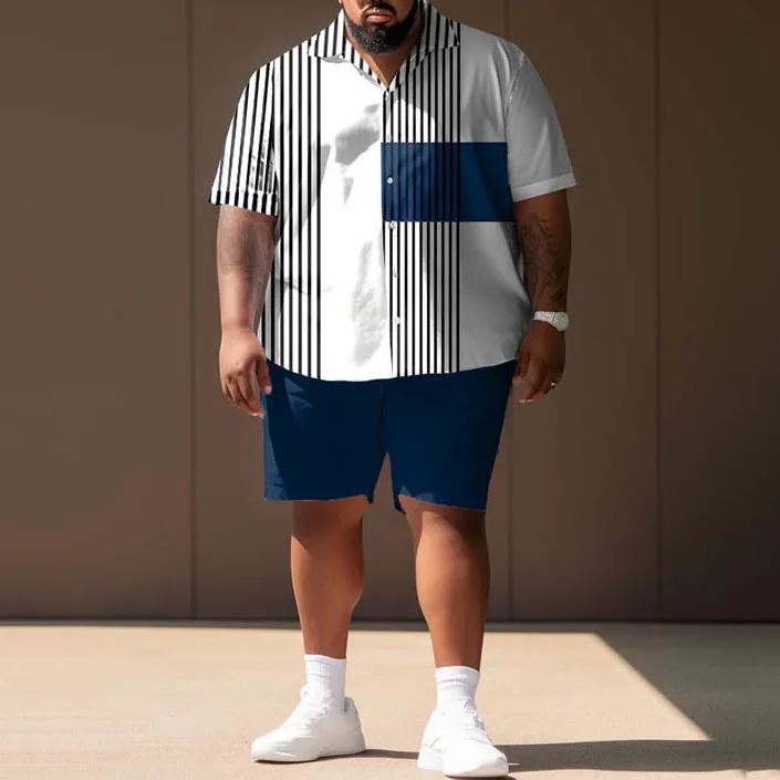 Summer Casual Stripe Splicing Solid Color  Print Men's Plus Size Shirt Set