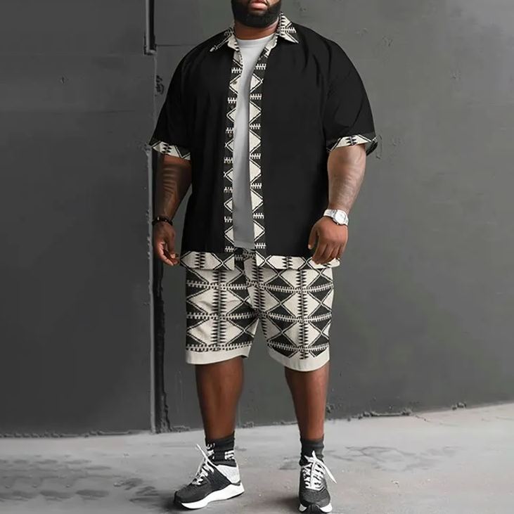 Summer Fashion Black And White Rhombic Art Print Men's Plus Size Shirt Set