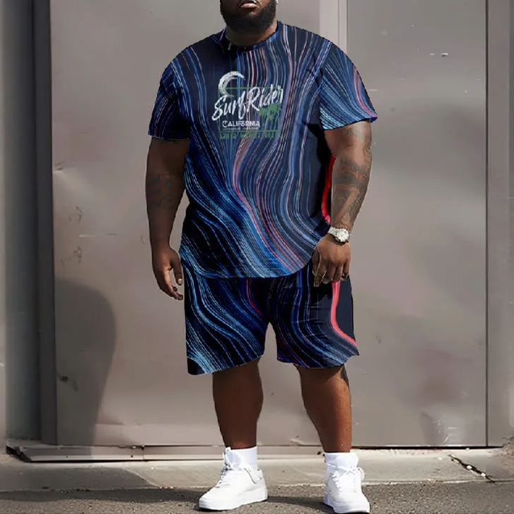 Men's Plus Size Colorful Wavy Curve Sunride California Casual Short Sleeve T-shirt Two-piece Set